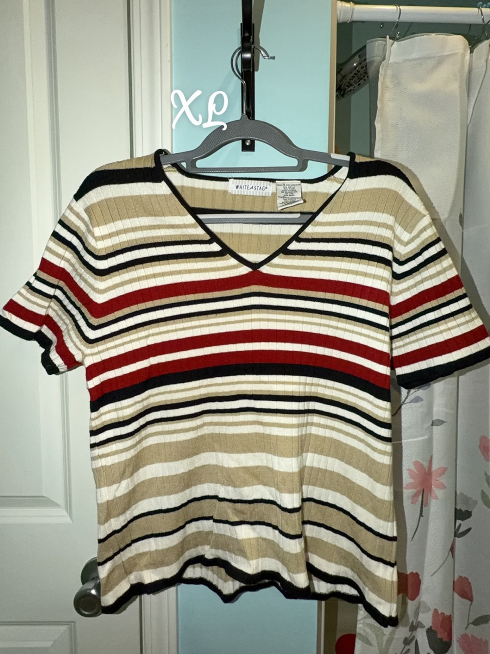 White Stag Striped V-Neck Short Sleeve Top - Beige, Red, Black